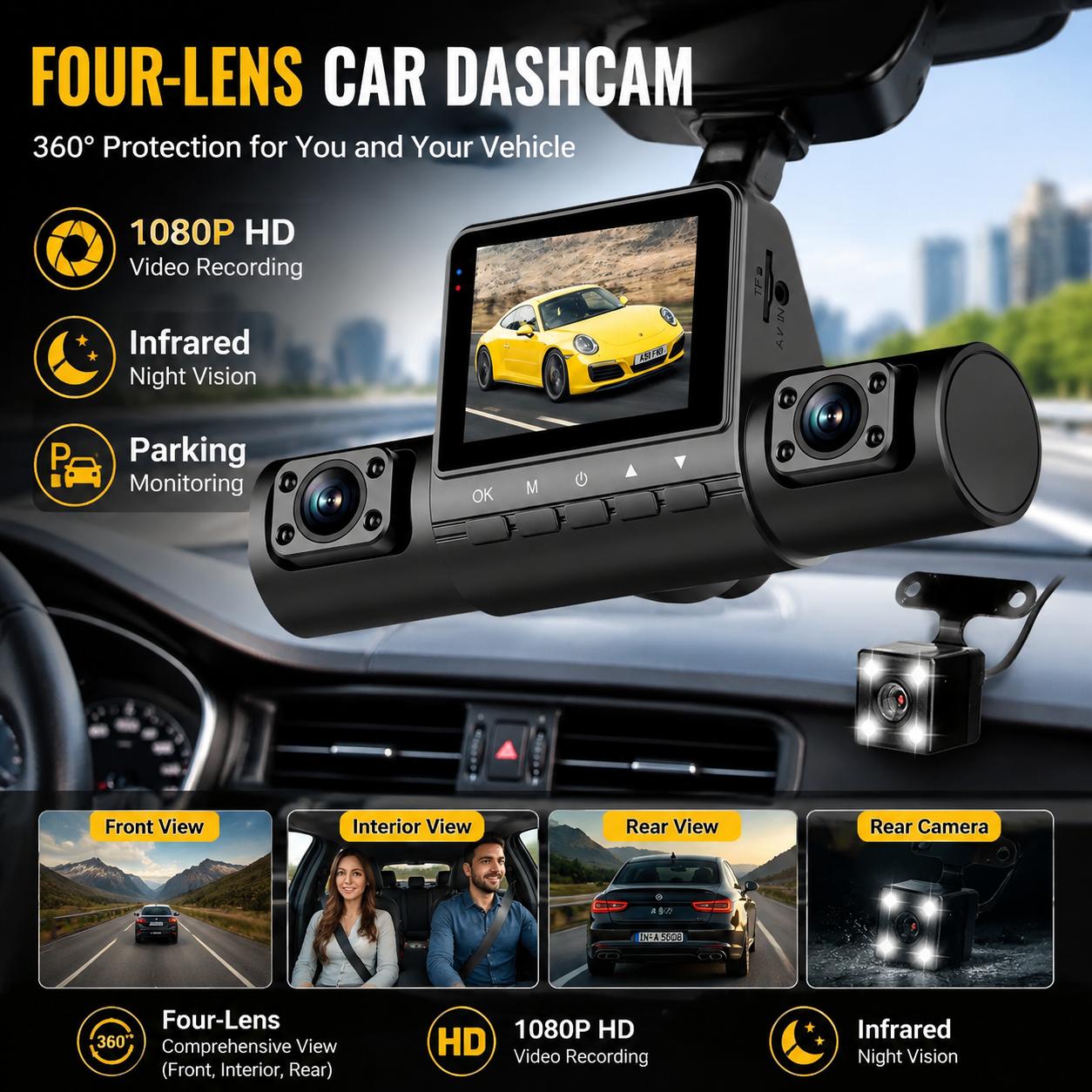 4 Lens Dash Cam 1080P Full HD  - Panoramic Dash Cam 360 评论和价格